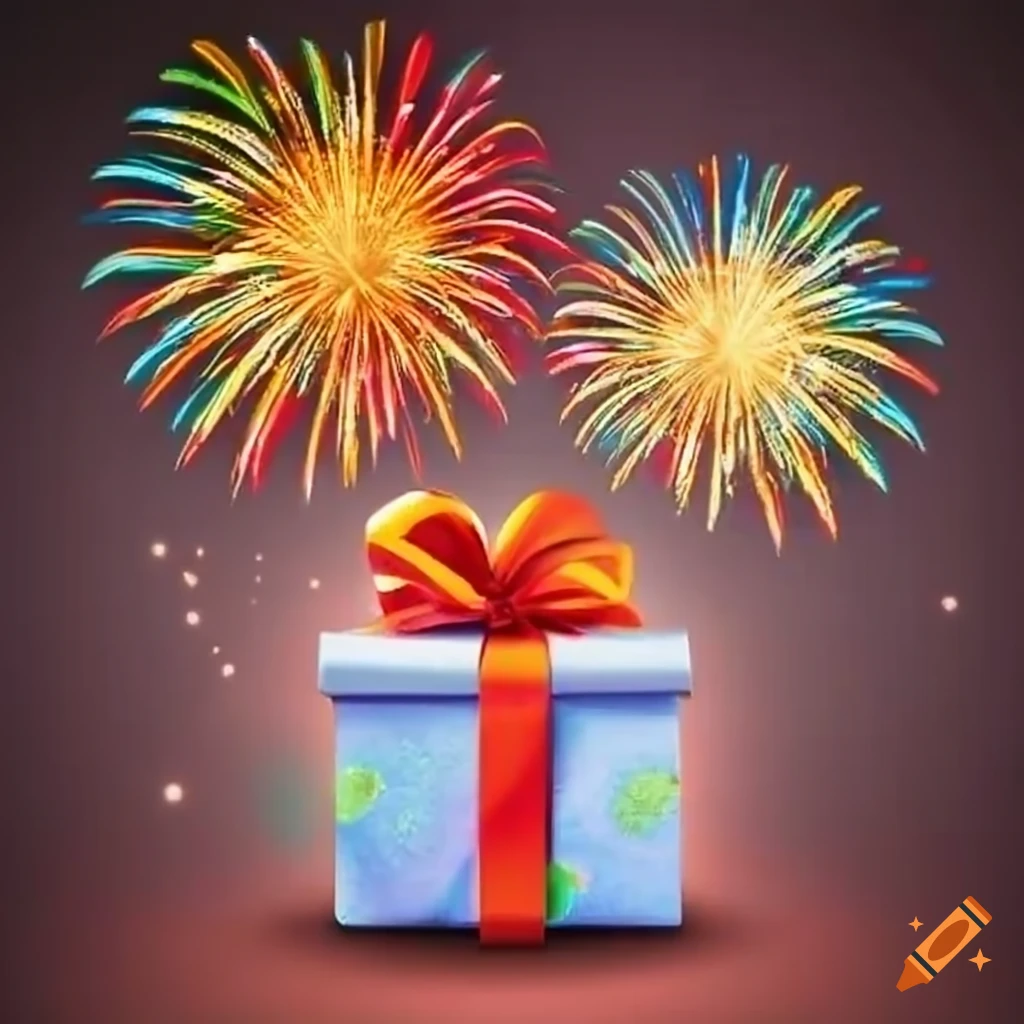 Brightly colored gift with fireworks in the background on craiyon