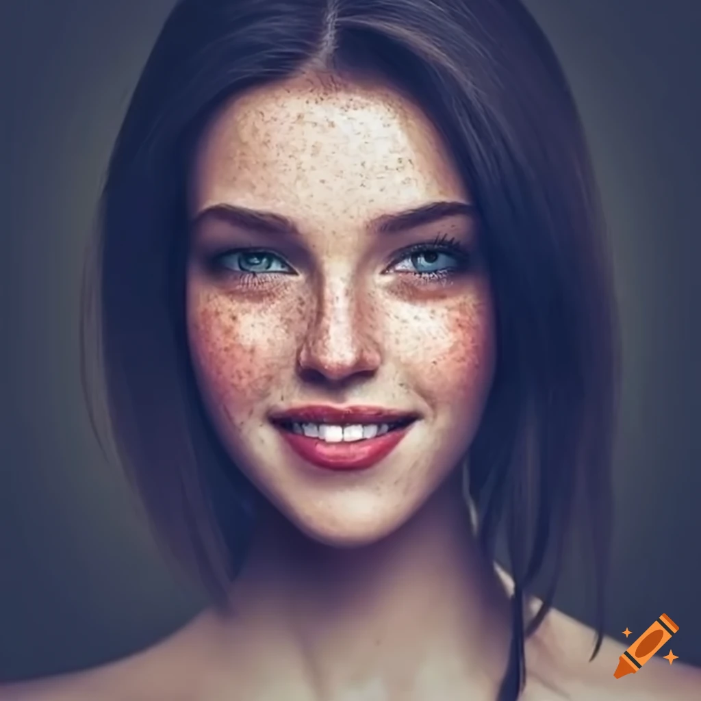 Portrait of a young woman with freckles and dark hair on Craiyon