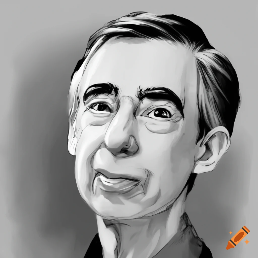Manga-style black and white illustration of mister rogers on Craiyon