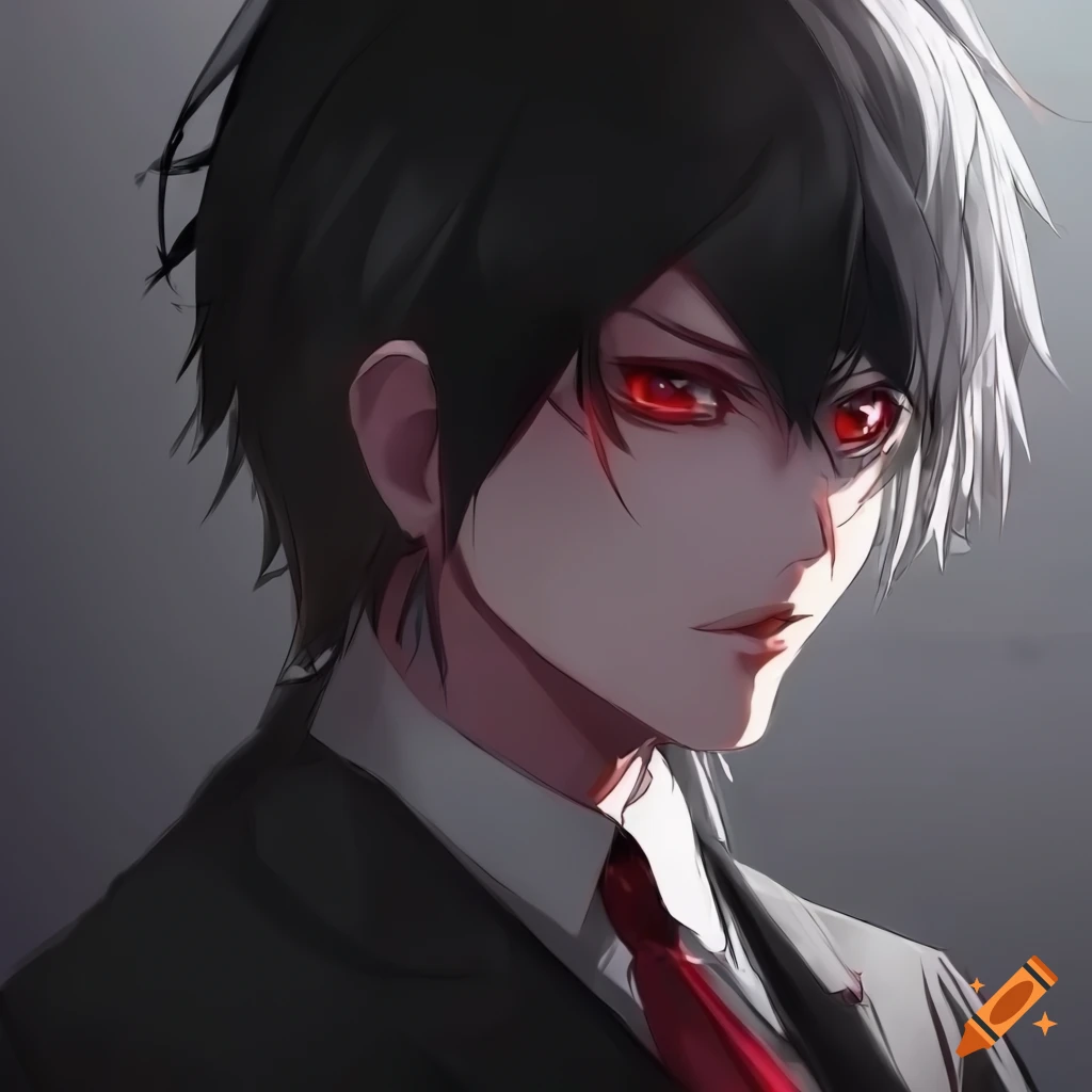 anime-style portrait of a guy with black hair and red eyes