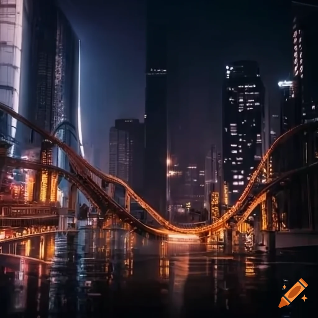 cityscape with roller coaster in the rain