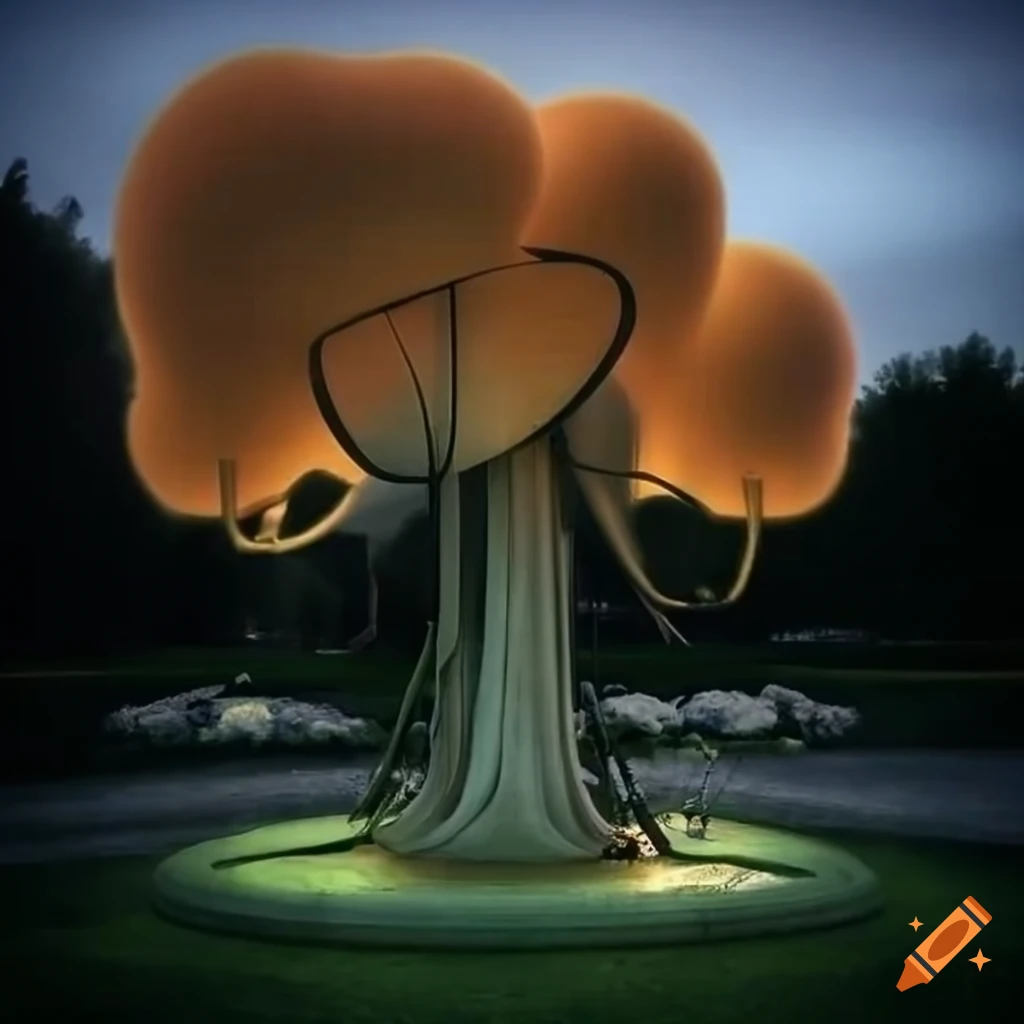 surrealistic urban park with modern sculptures and surreal lamps