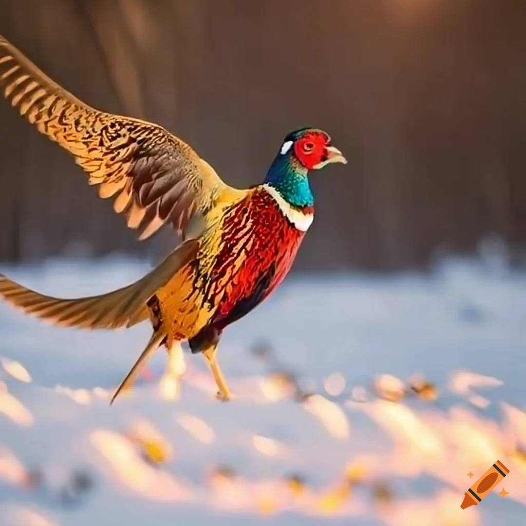pheasant landing in a snowy sunset