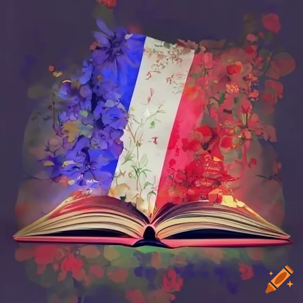 open book with French flag colored flowers