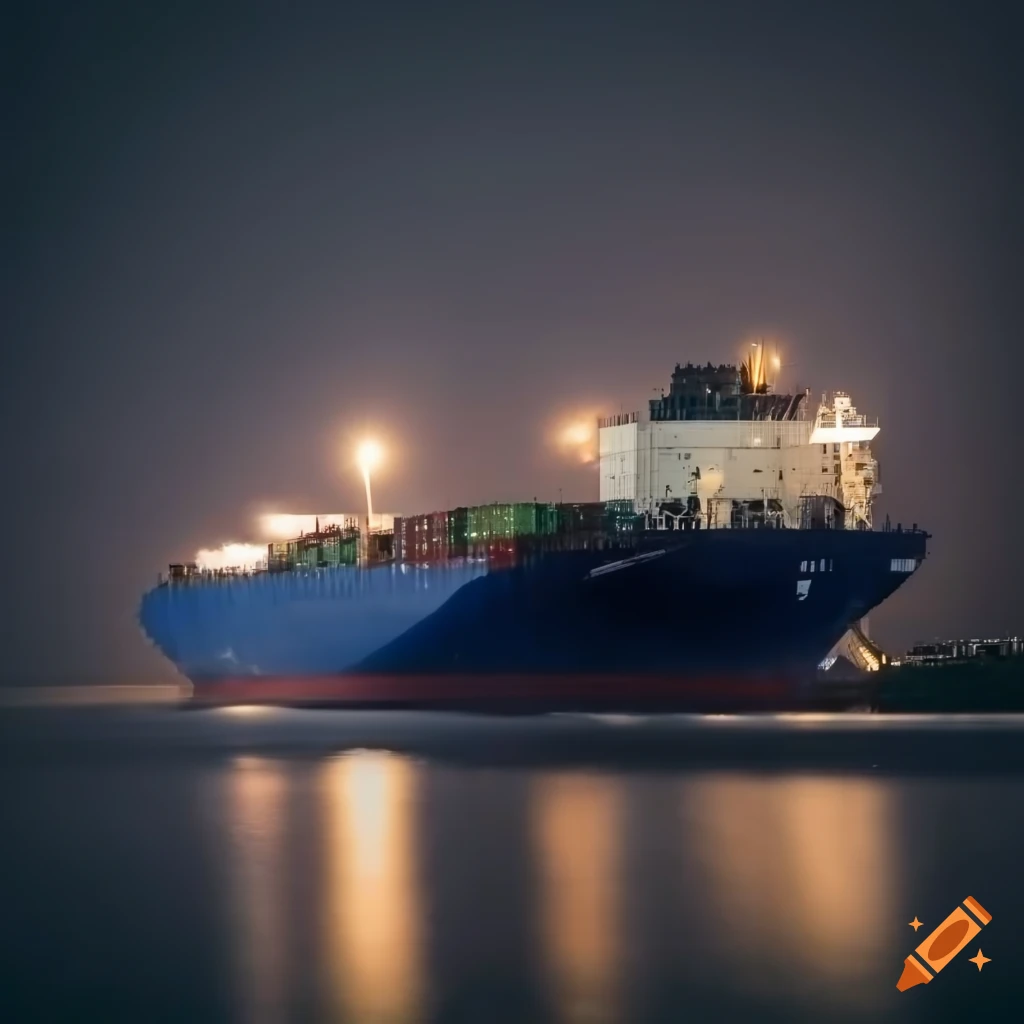 Container ship on a river at night