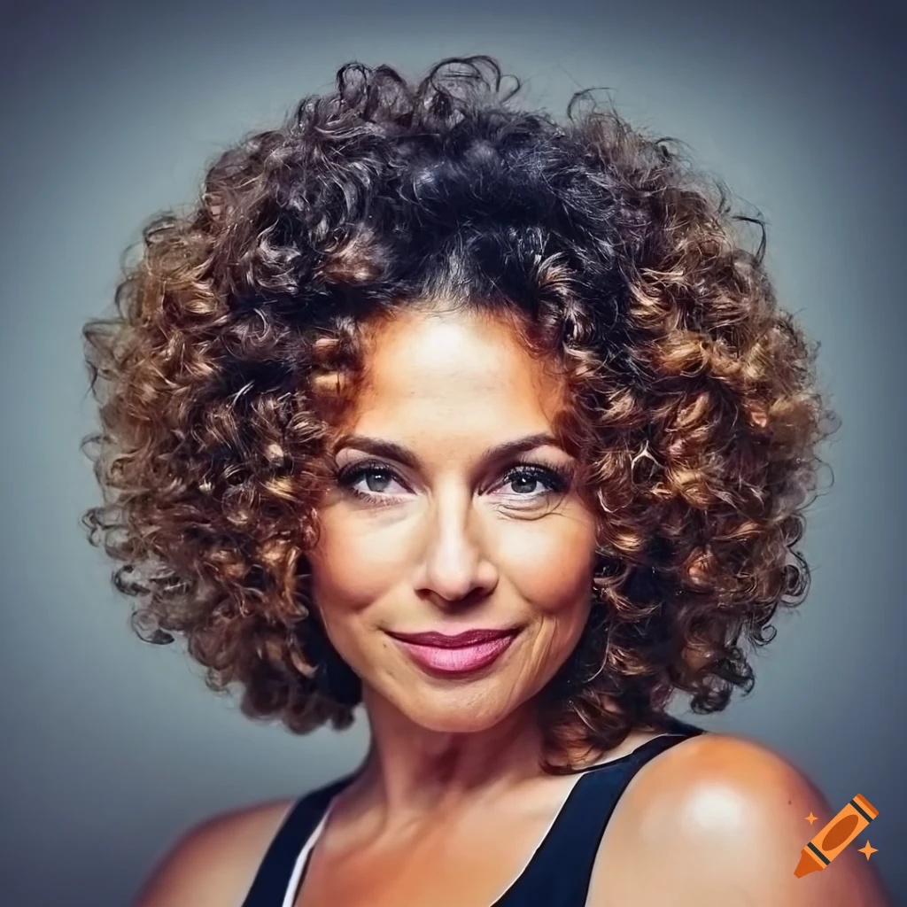 Close Up Portrait Of A Middle Aged Woman With Curly Hair