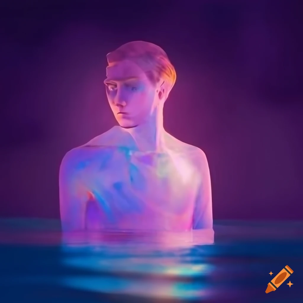 art of a sunlit crystal man in an iridescent lake