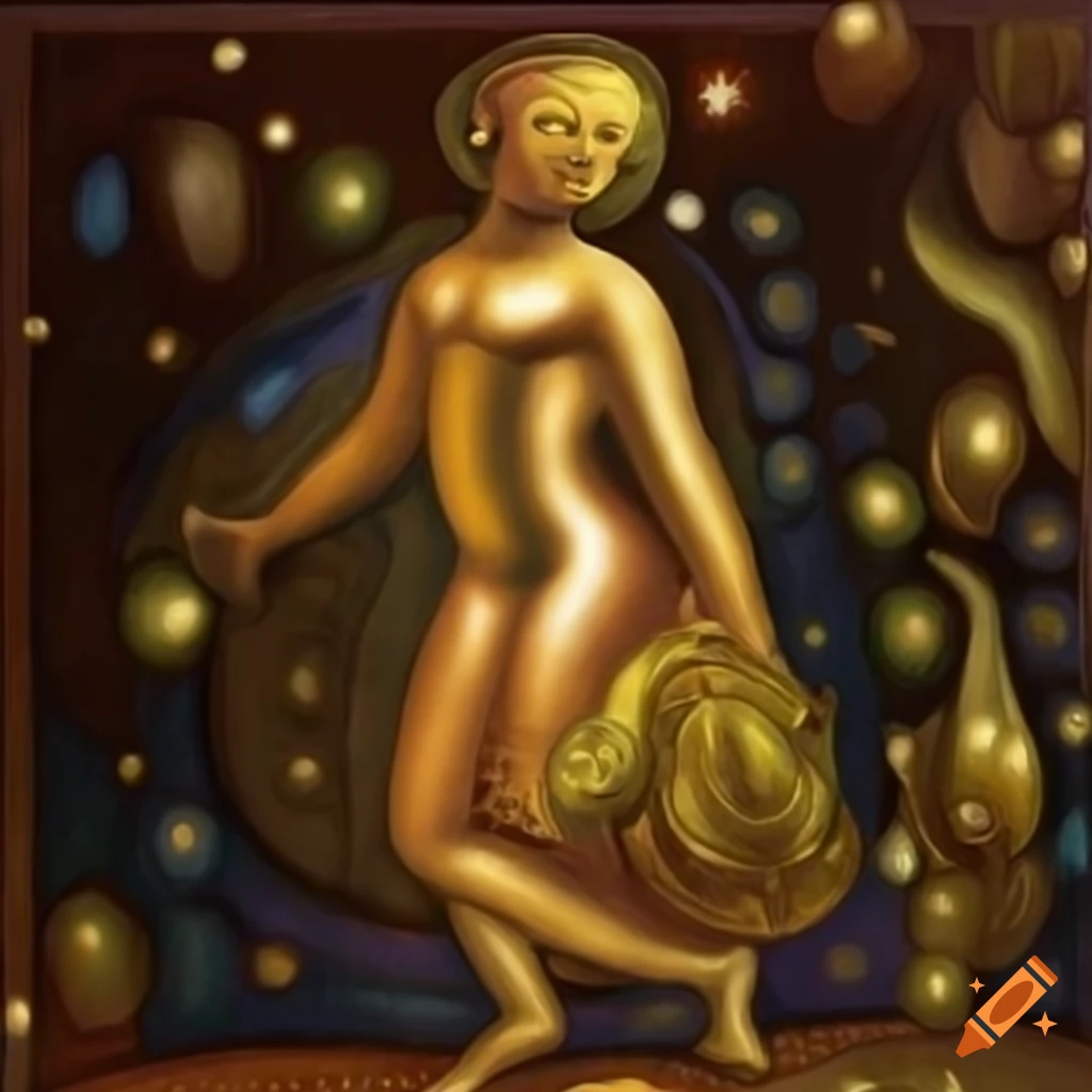golden metal figure with black eyes in Diego Rivera style