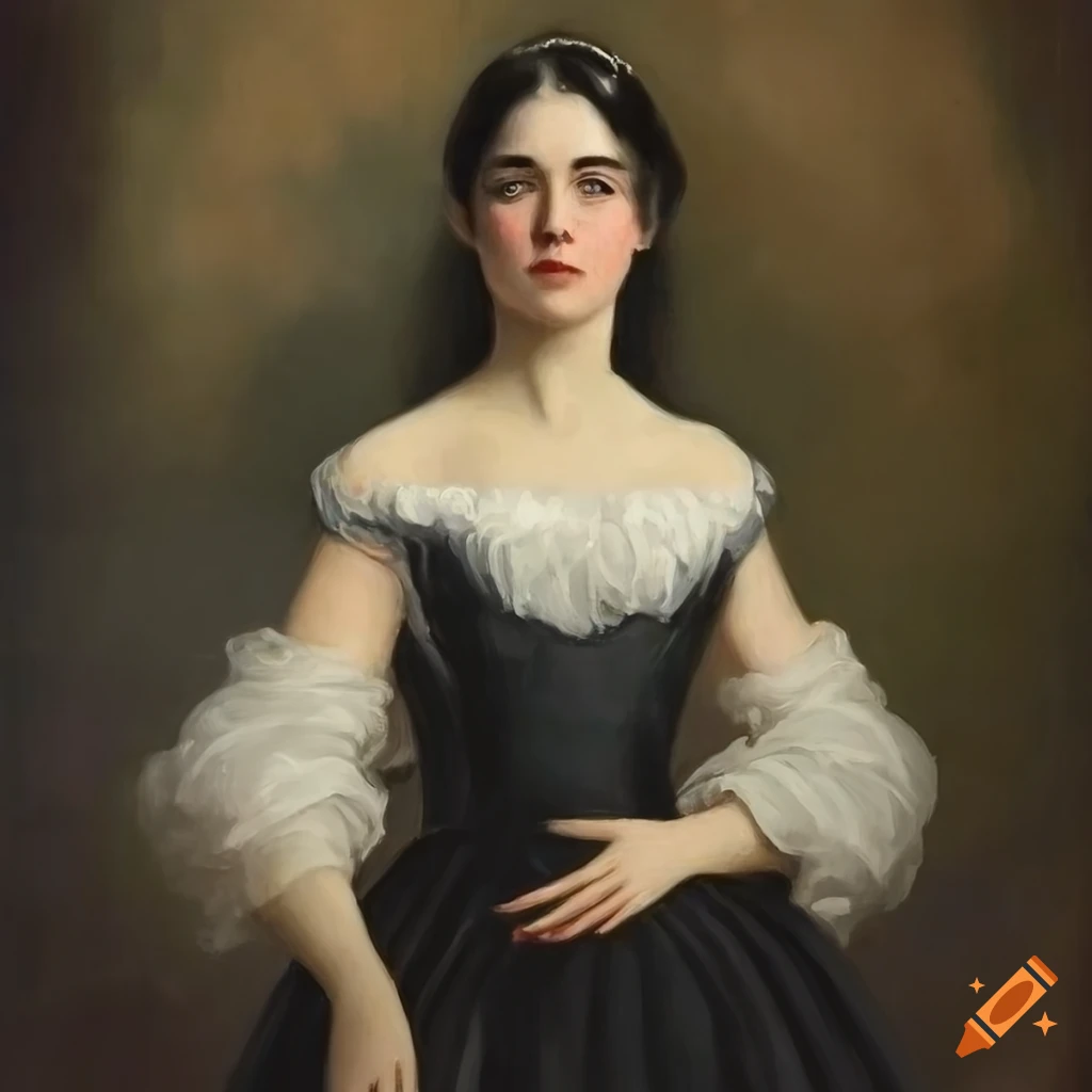 portrait painting of a brunette woman with a white headress