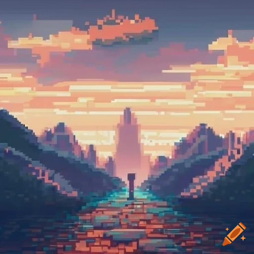 detailed pixel art of a scenic pathway with rocks and dramatic sky