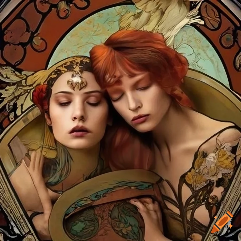 Art nouveau style depiction of angels in a tarot card on Craiyon