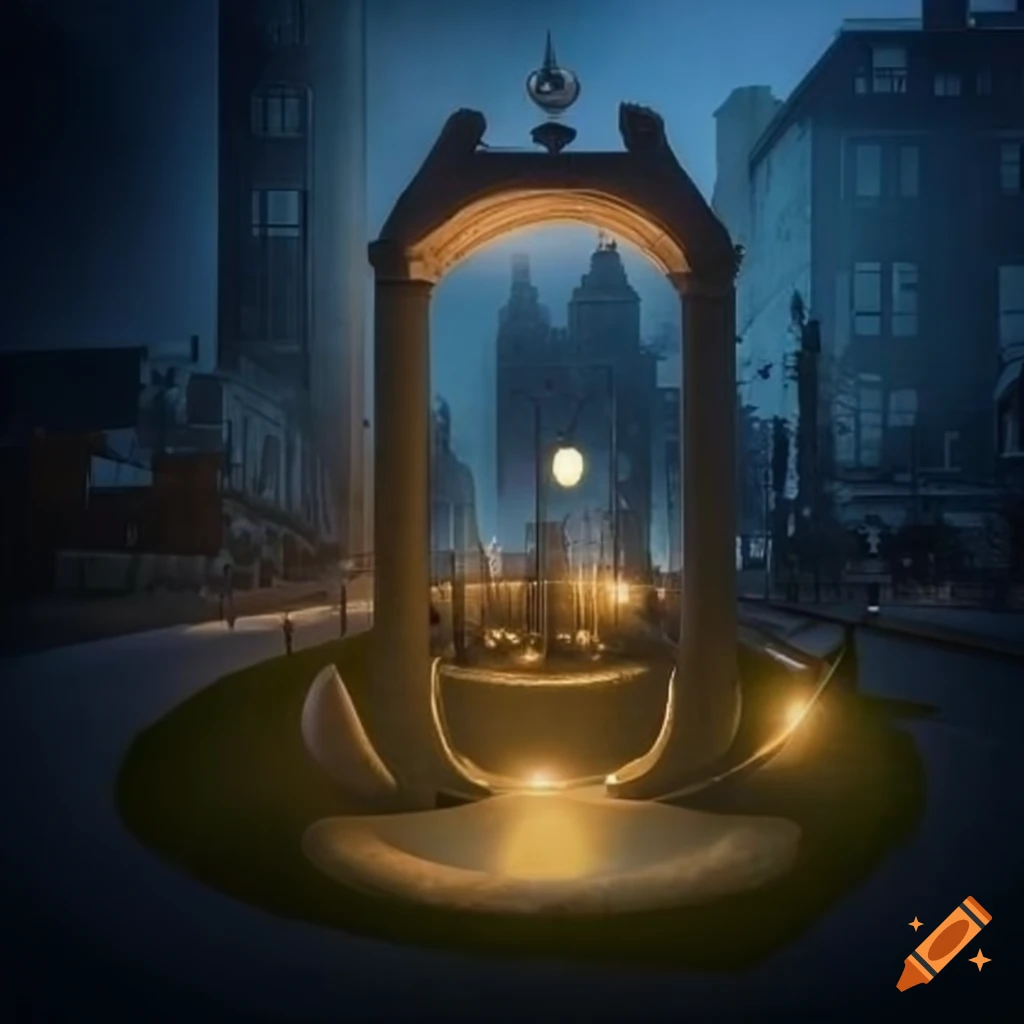 photo of a Gothic futuristic urban park with surreal lamps and modern sculptures