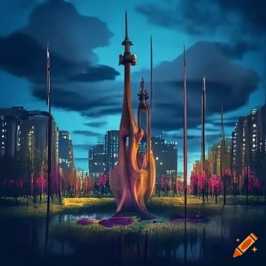surrealistic urban park with modern sculptures and public lamps