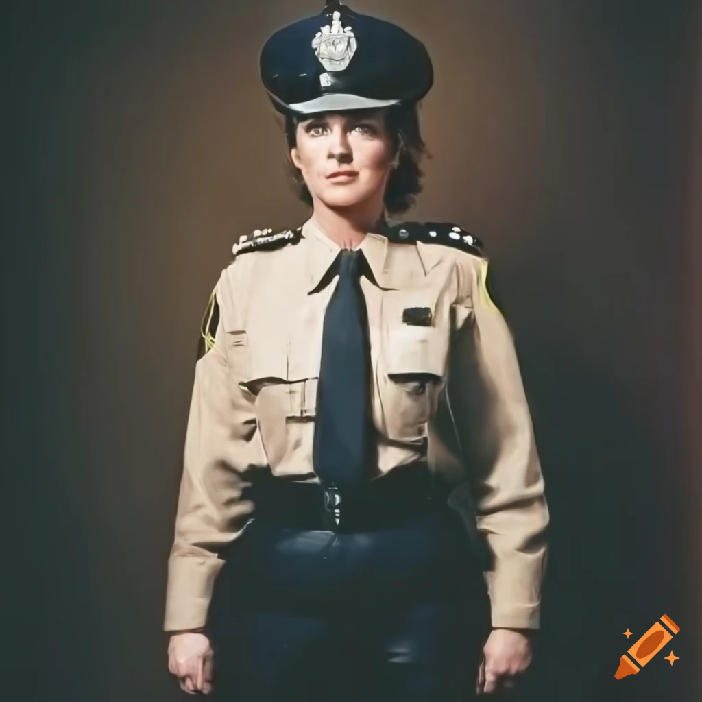 hyperrealistic photograph of a policewoman in 1990s style