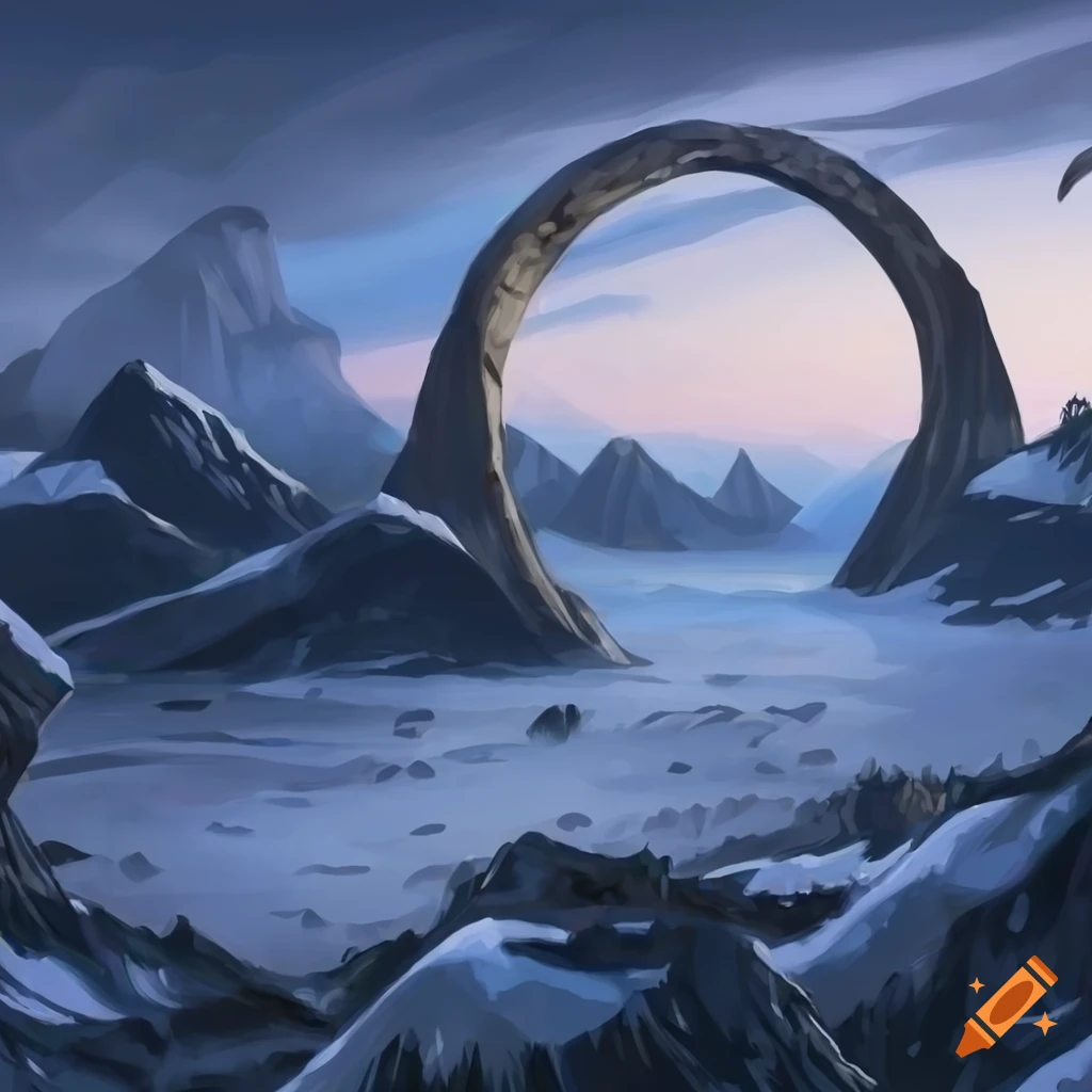 illustration of a stone ring arch in a snowy mountain range