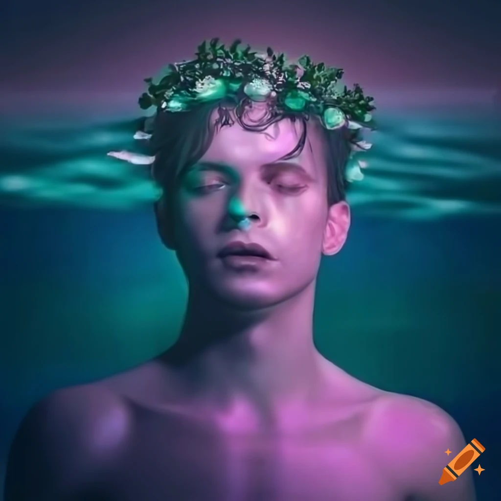 detailed portrait of a man in a pink-lit lake