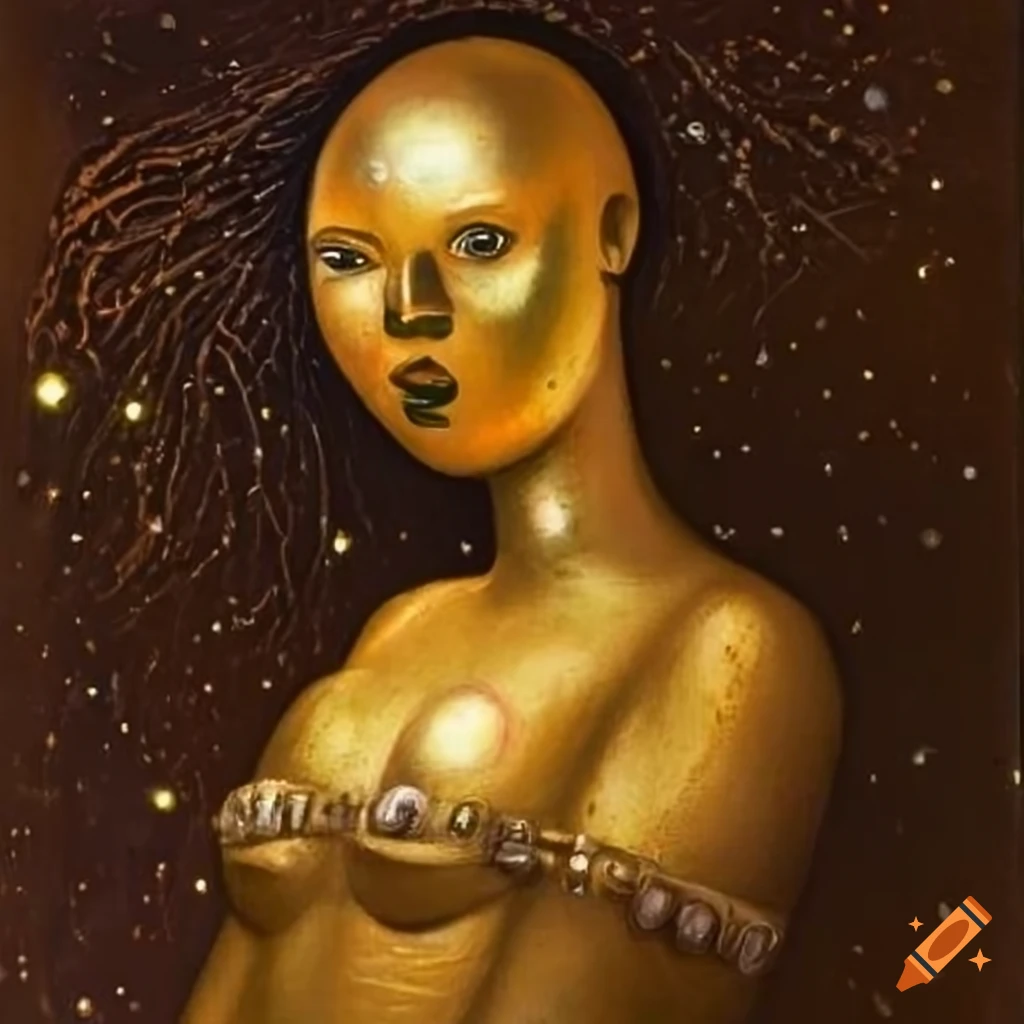 golden metal figure with black eyes in Diego Rivera style