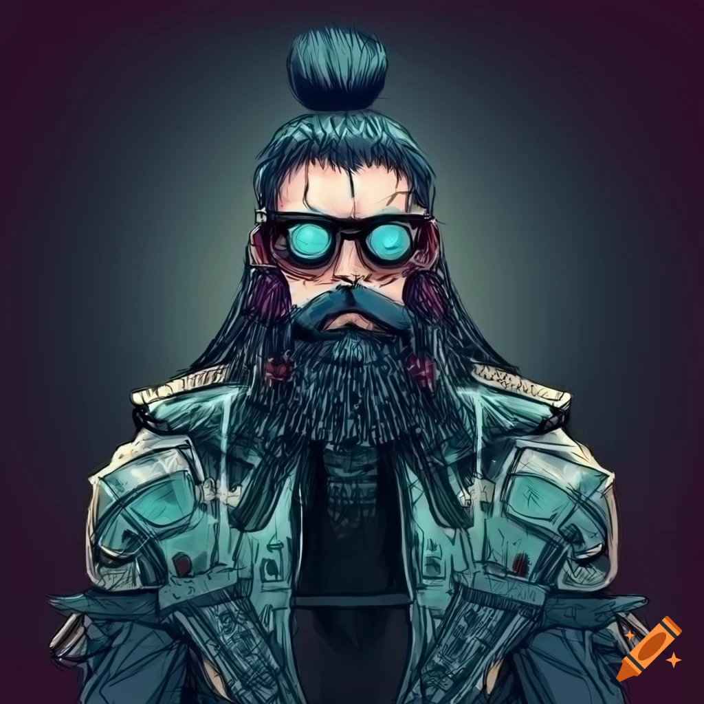 sketch of a futuristic samurai with long hair and beard