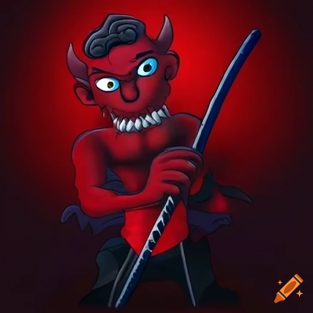 cartoon devil holding katana in heaven
