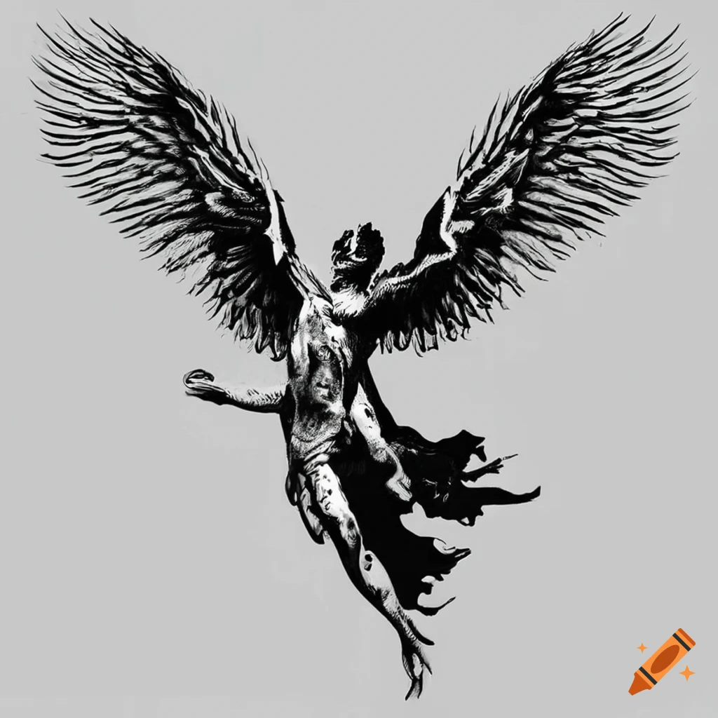 Tattoo stencil of falling icarus with feathered wings on Craiyon