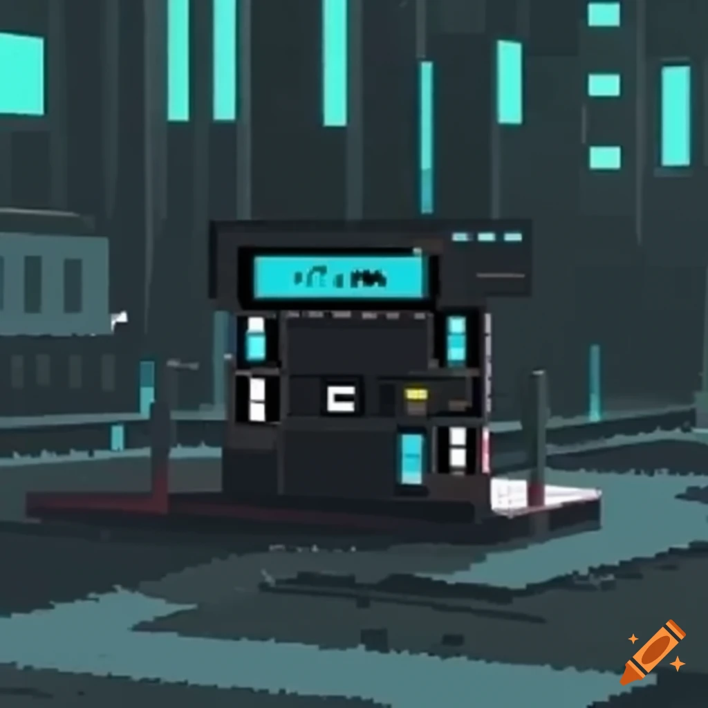 detailed pixel art of a dark noir kiosk