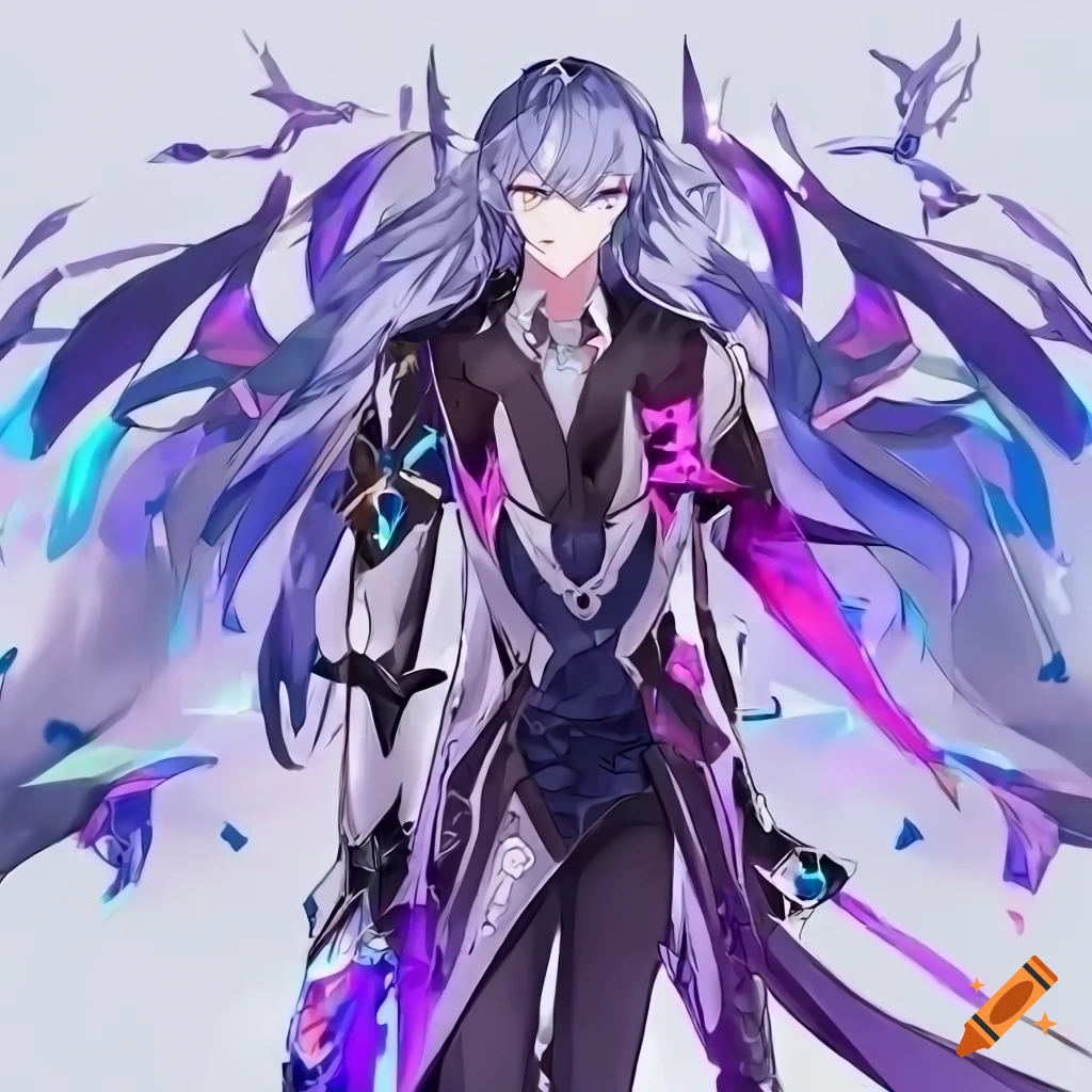Digital art of a tall male anime character with purple element powers on  Craiyon