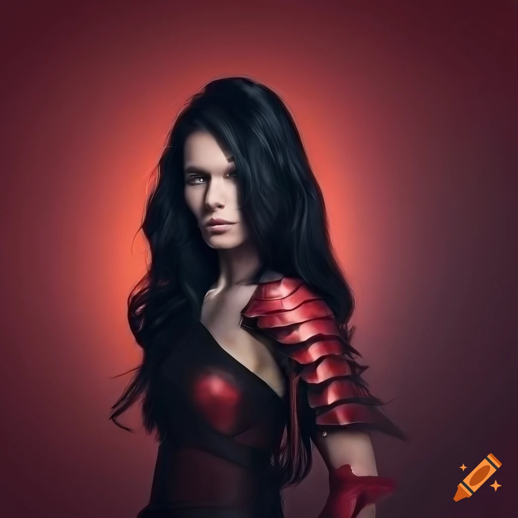 portrait of a model in black and red dragon armor