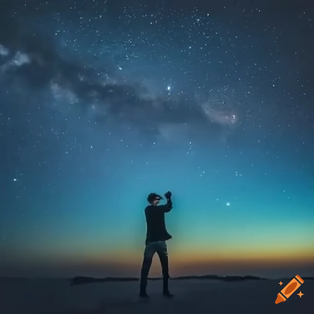 Silhouette of back of man in front of dark blue starry sky next to