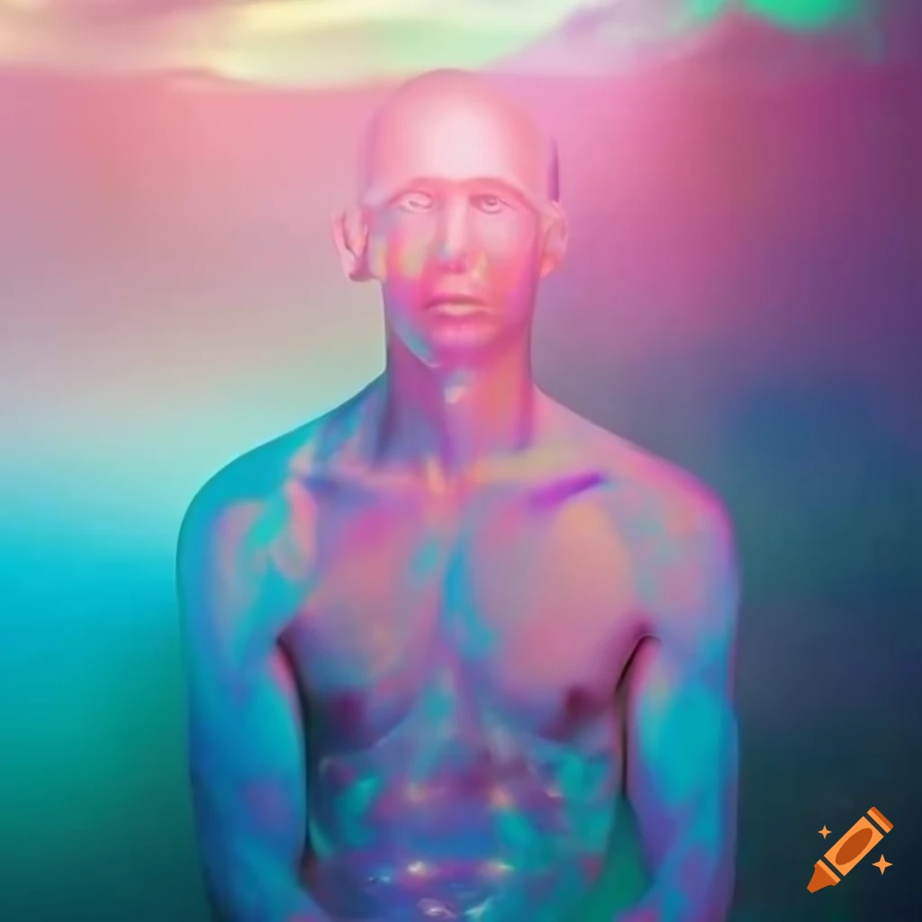 art of a sunlit crystal man in an iridescent lake