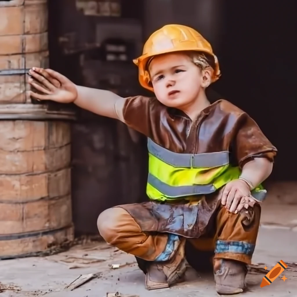 toddler boy construction worker on a building site