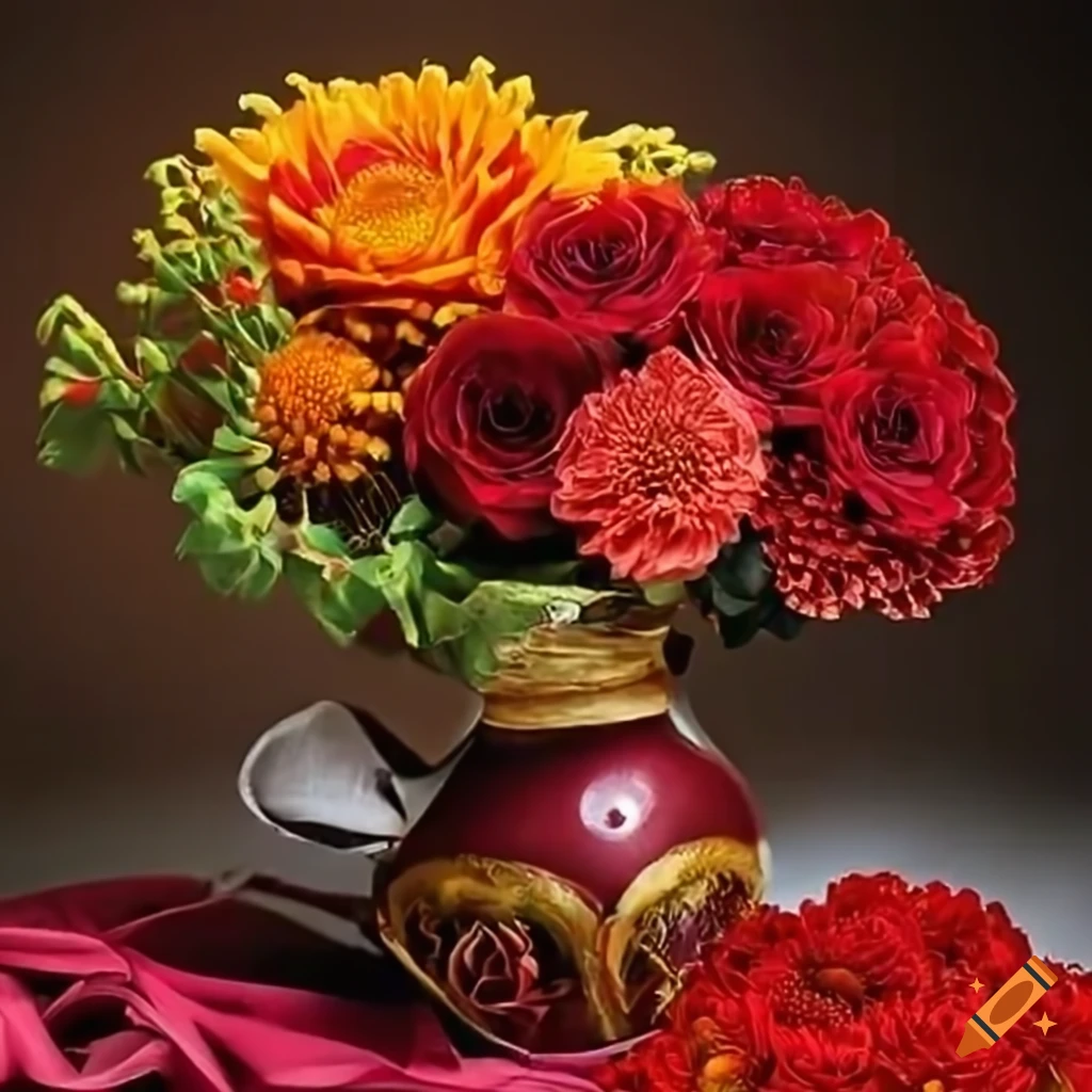 Colorful bouquet of roses, marigold, aloe and red chrysanthemum on Craiyon