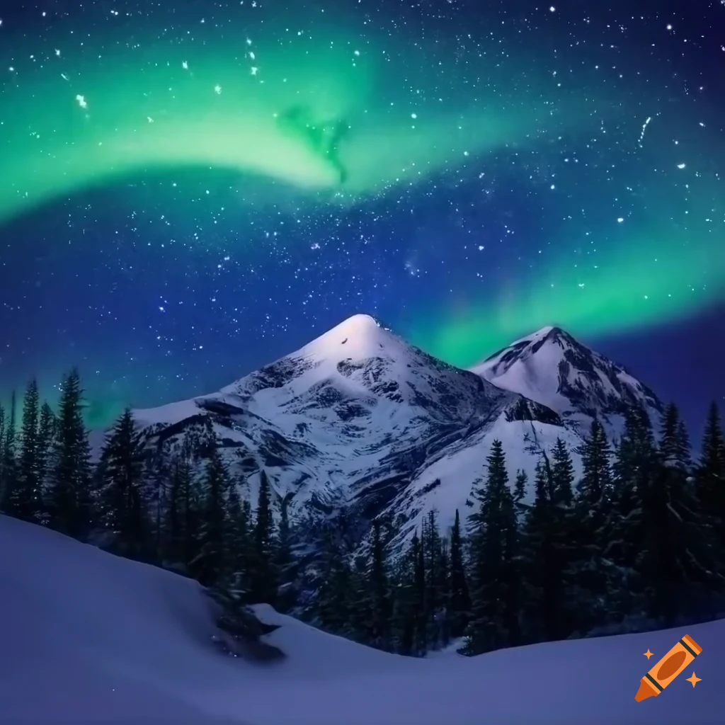 snowy mountain with northern lights and stars