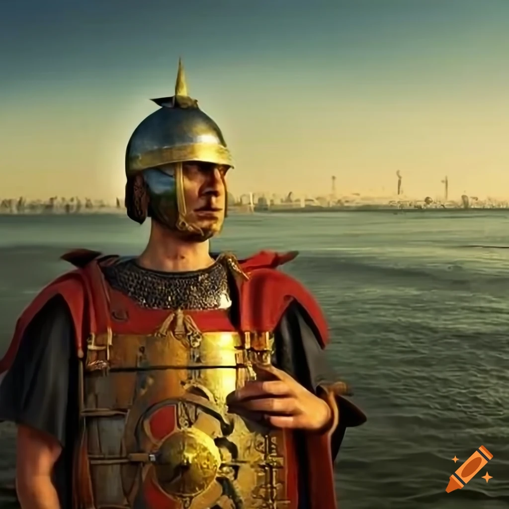 Roman legionnaire standing in the foreground, Rhine landscape in the background
