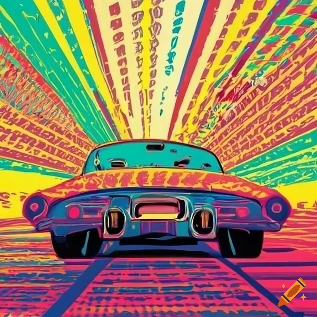 pop art style of a man driving a car on the highway