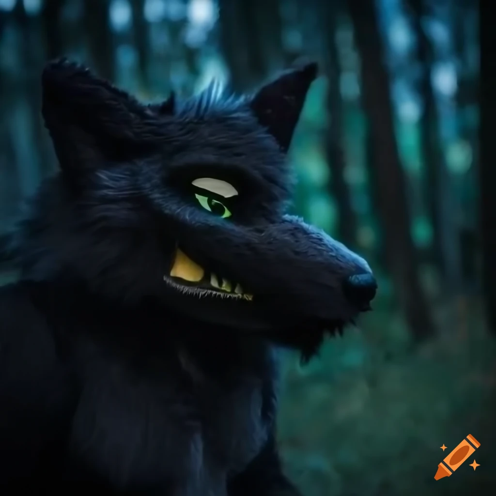 anthro wolf fursuit in a dark forest