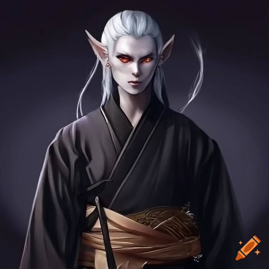 illustration of a dark elf in traditional Japanese clothes