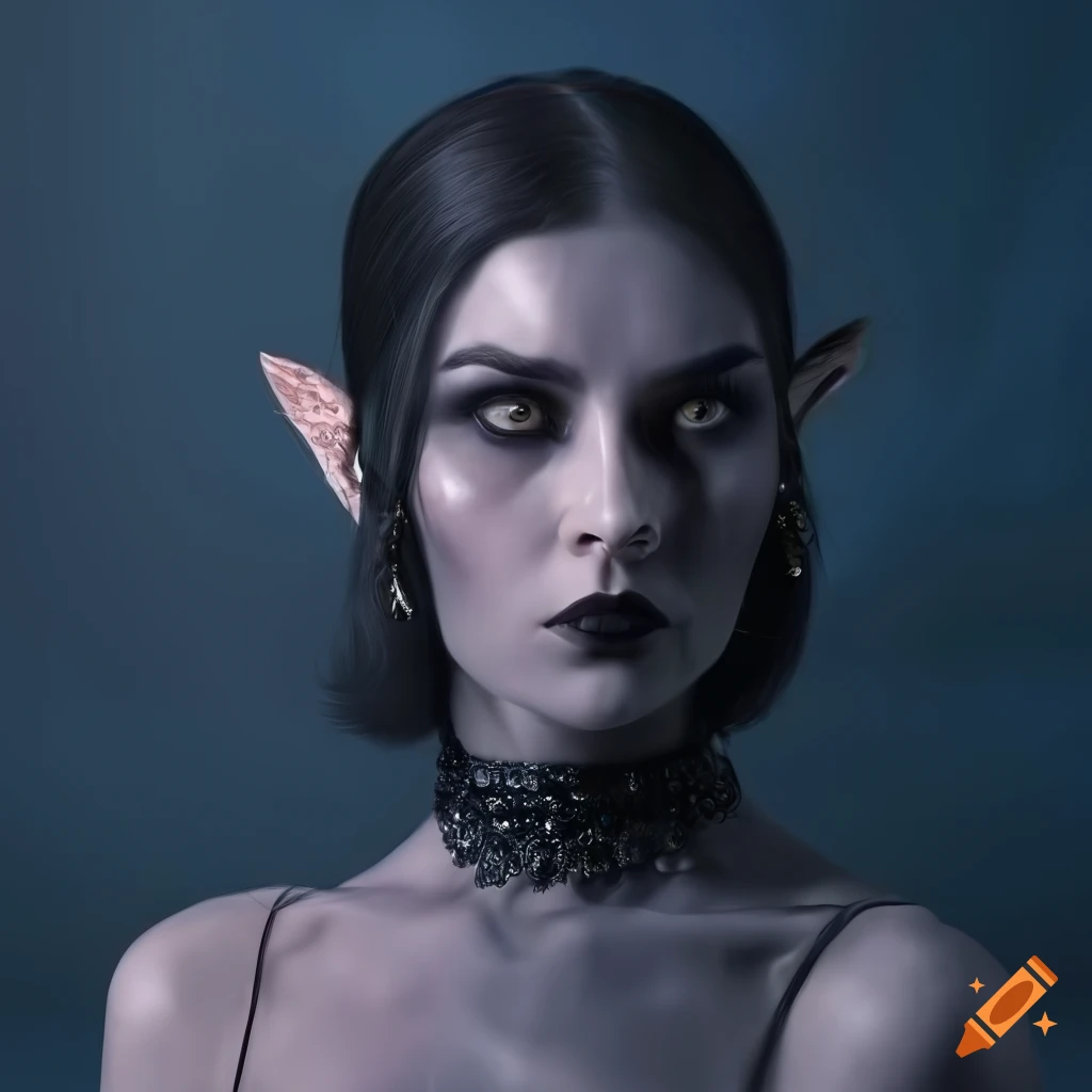 portrait of a dark elf woman with audrey hepburn features