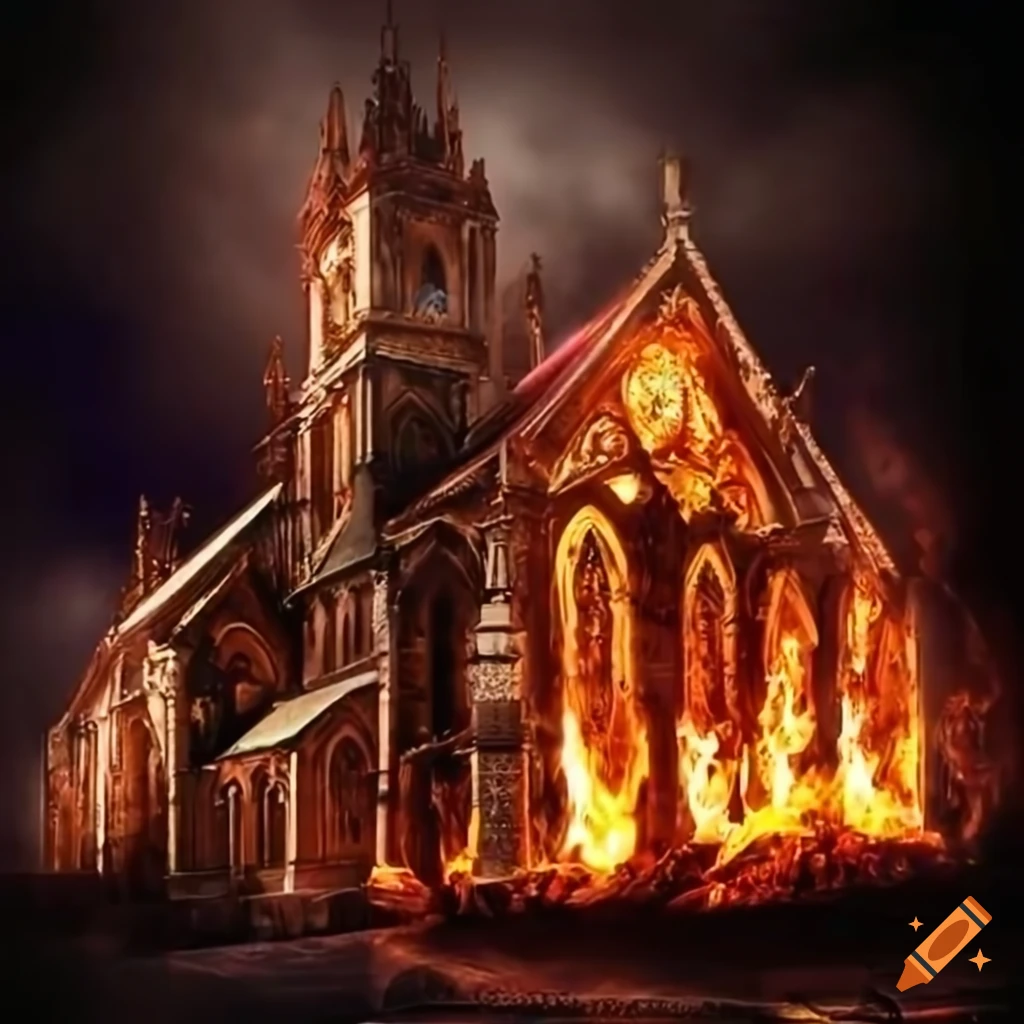 Burning church with vibrant stained glass windows