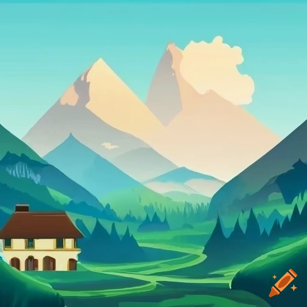 charming illustration of a village below a majestic mountain