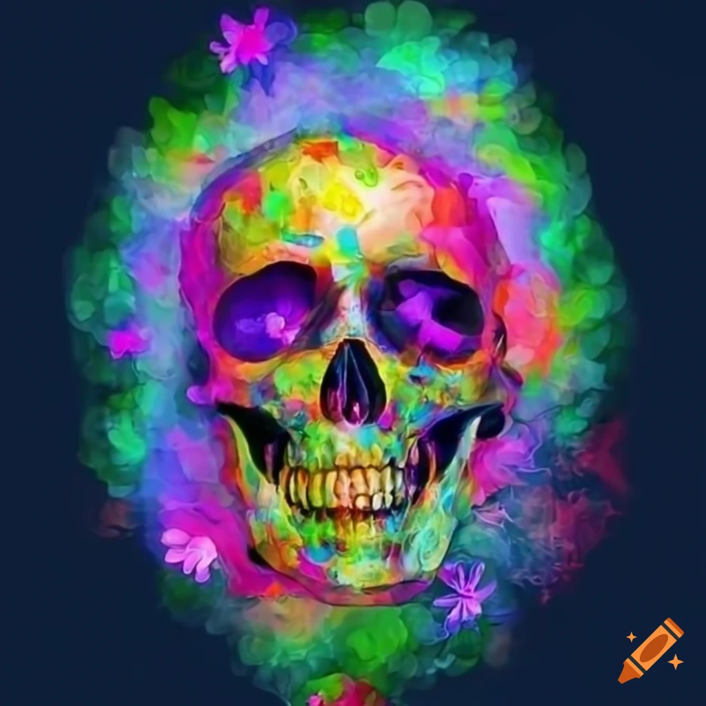 Art of a floating female skull surrounded by flowers on Craiyon