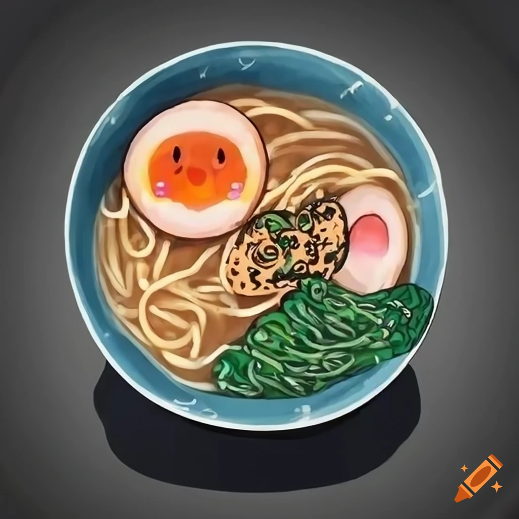 cute and realistic bowl of ramen with waves inside