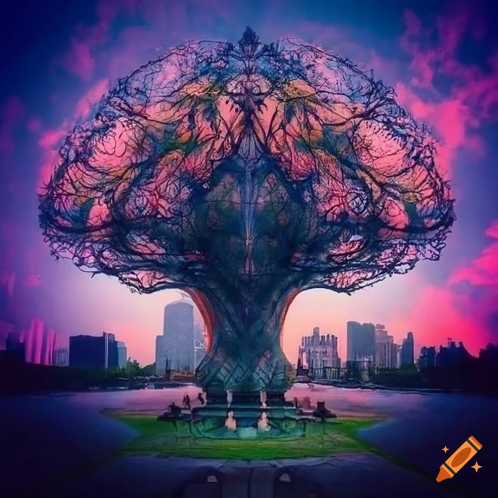 A giant tree made of bright glowing crystal sits in the middle of a fantasy  city on Craiyon