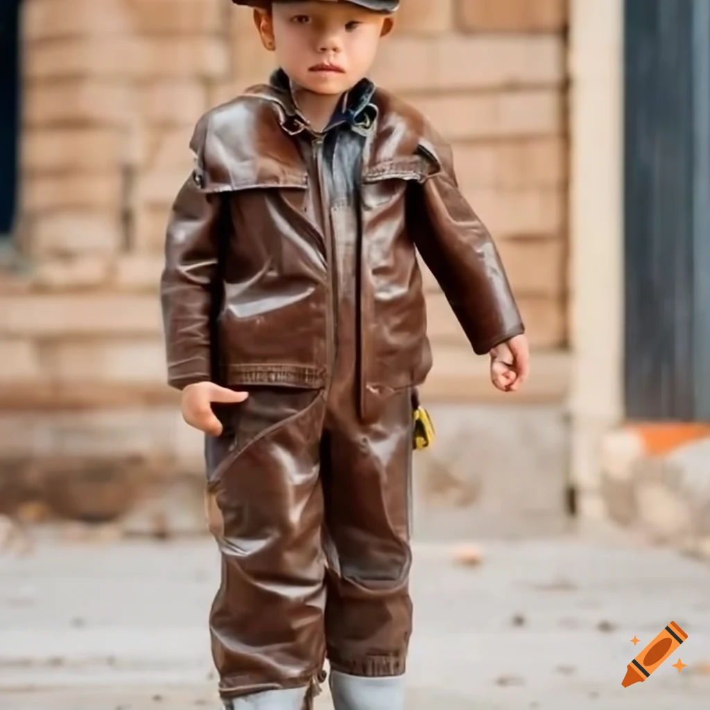toddler boy in leather workwear on a construction site