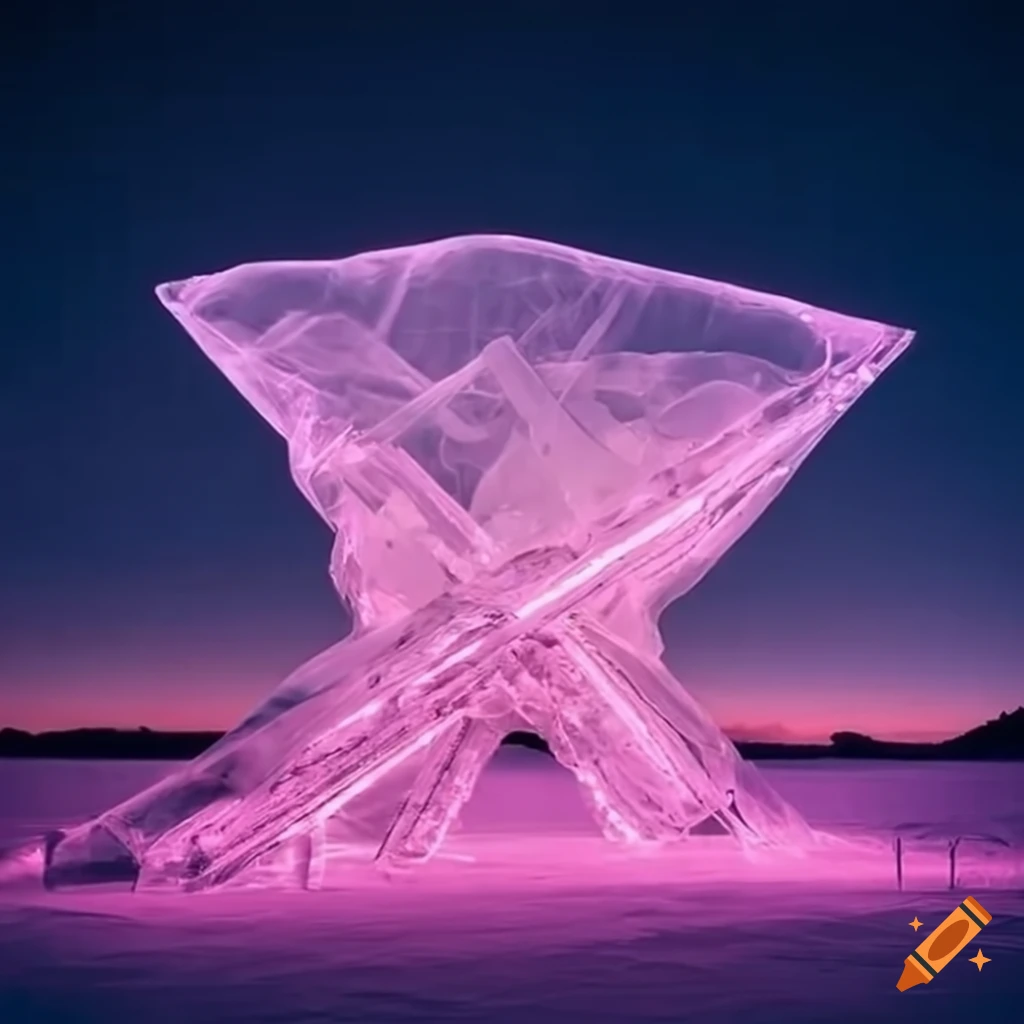 art installation with clear canopies and neon lights in icy field