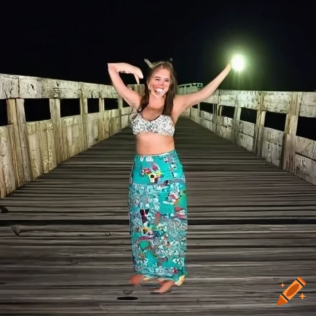 stylish woman in a boho-print skirt at night