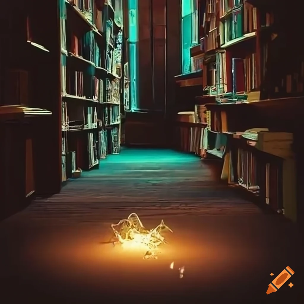glowing object falling in a bookshop