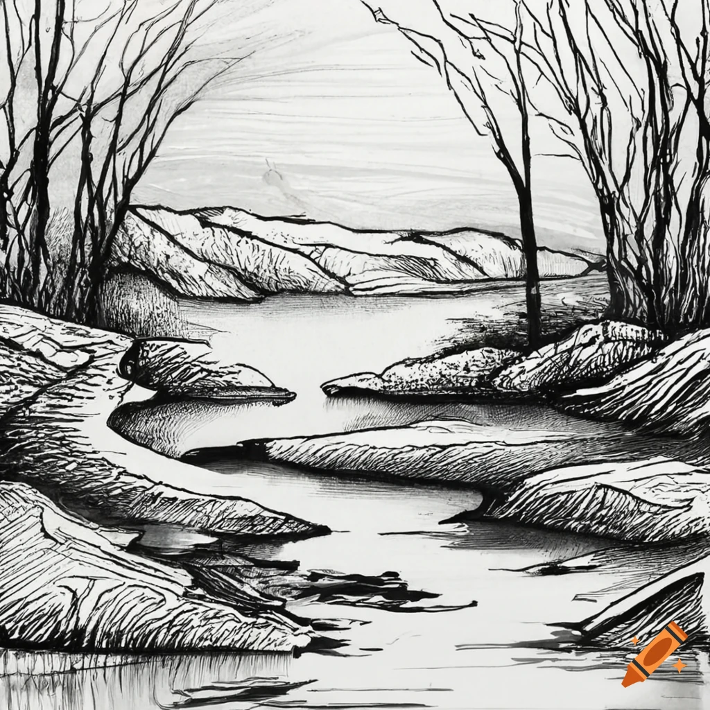 Mountain landscape scenery in black and white vector line art 22181260  Vector Art at Vecteezy