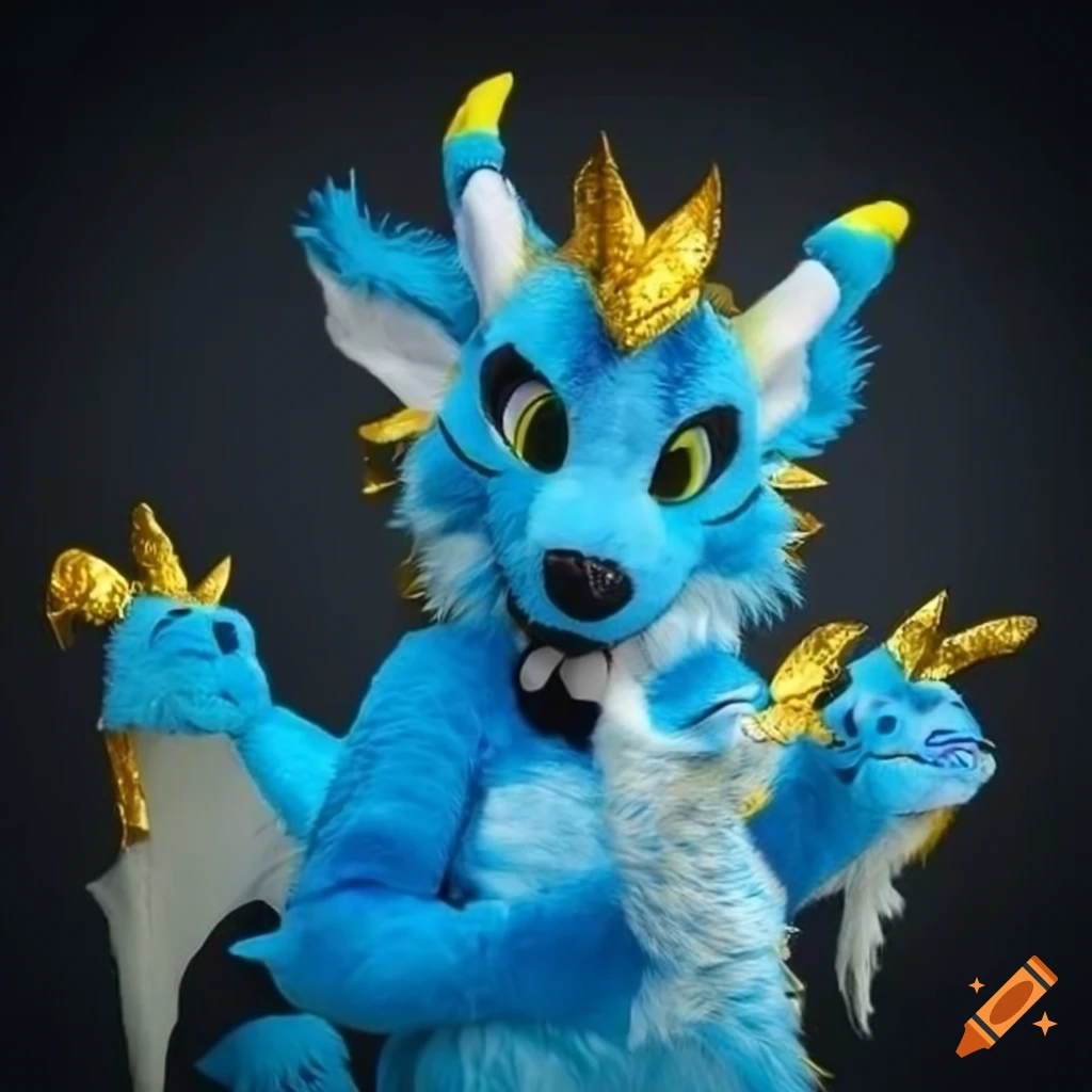 blue anthro dragon with golden horns and spikes