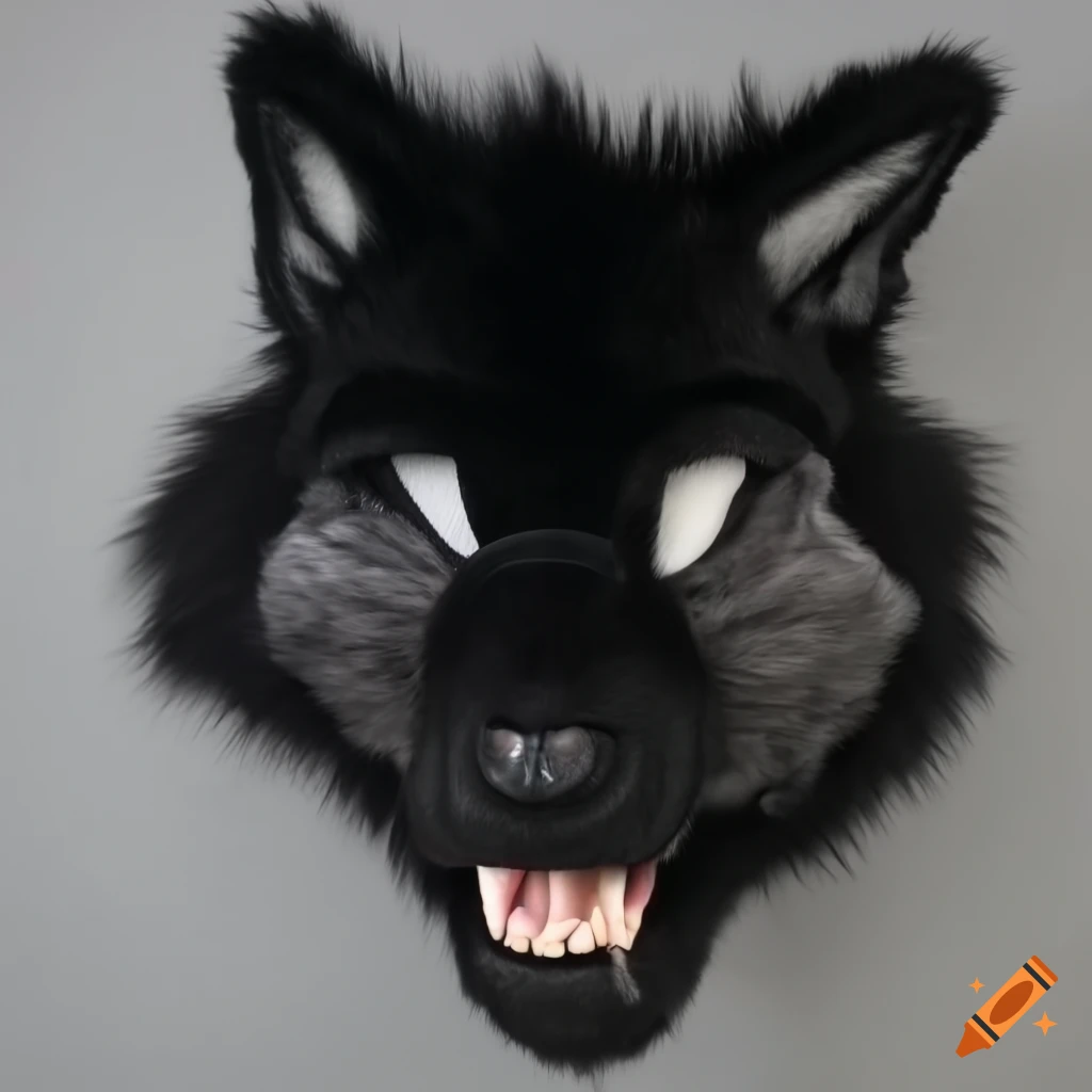 close-up of a black wolf fursuit head