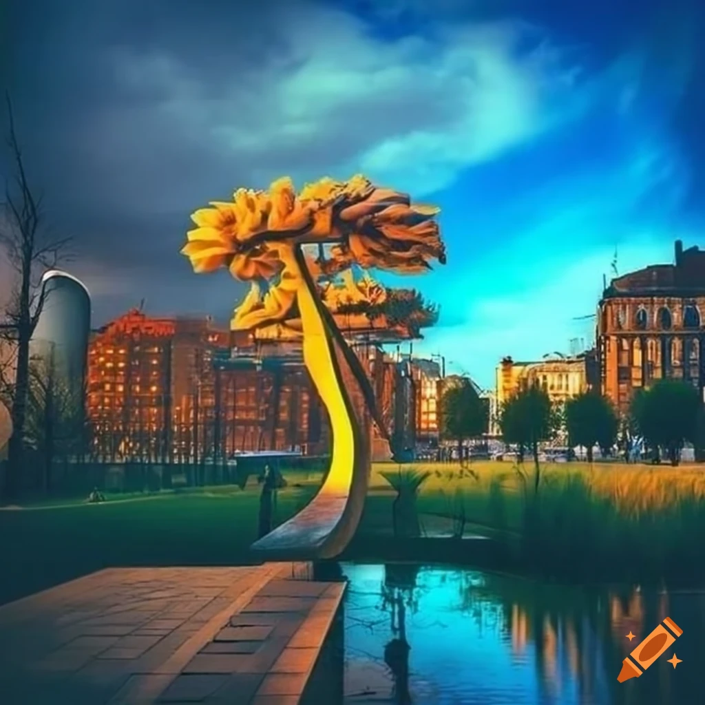 surrealist park in a gothic futuristic urban city with public benches and surreal lamps